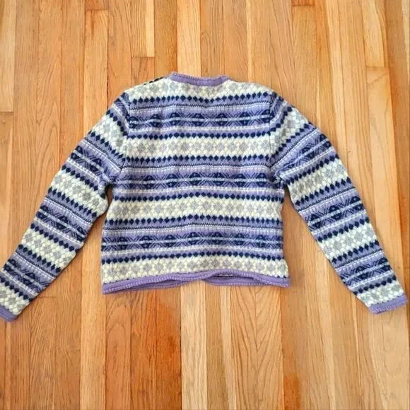 Tally Ho vintage Fair Isle purple cream silver snowflake wool sweater cardigan - Picture 3 of 4